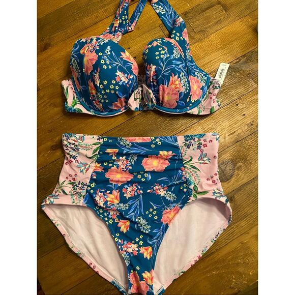 Adore Me Other - NWT Floral High-Waist Bikini Set - Blue & Pink